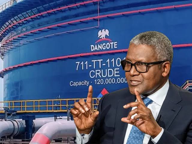 Aliko Dangote with refinery infrastructure in the background