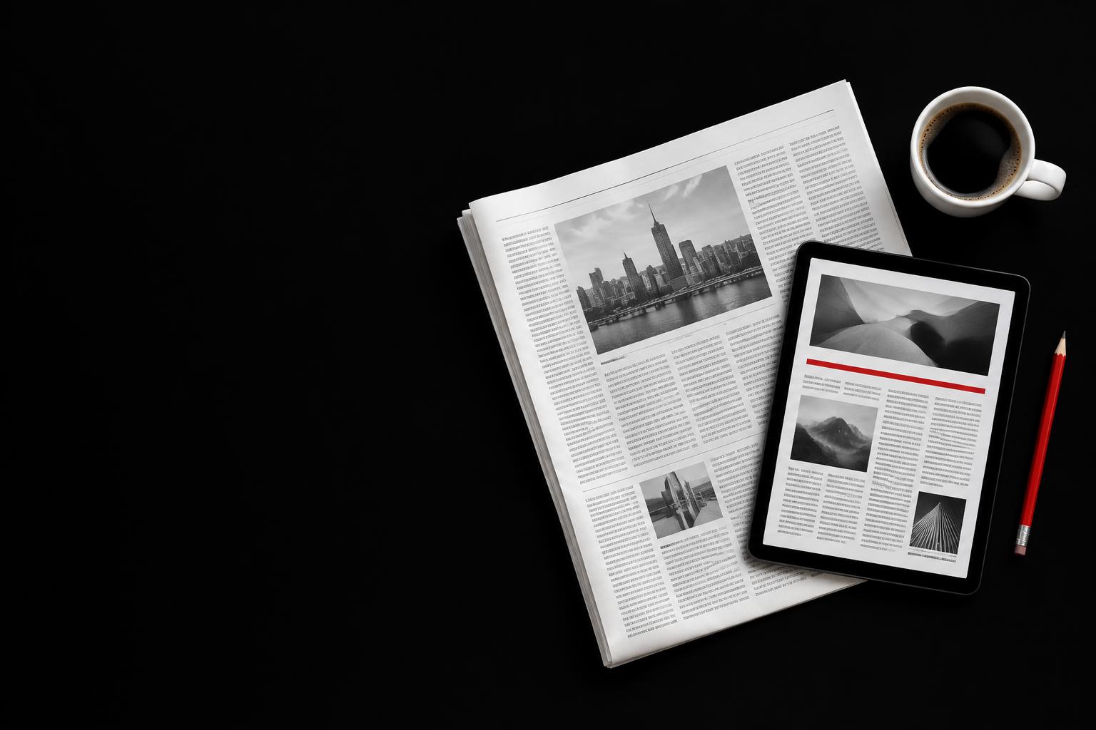 Newspaper, digital reading tablet and coffee
